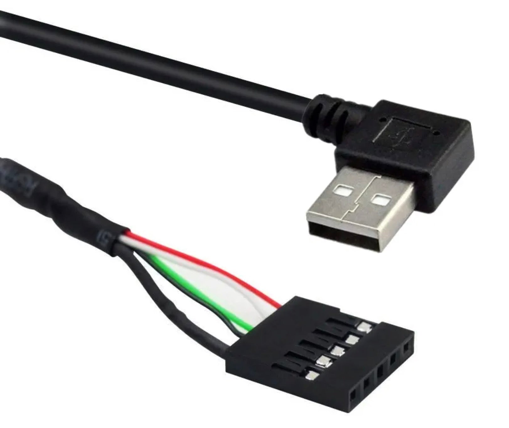Left angle USB Type-A connector and 5 pin female 2.54mm header cable connection detail
