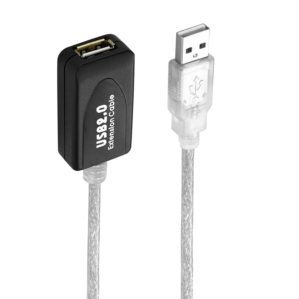 USB Type A male and female connectors on active repeater extension cable