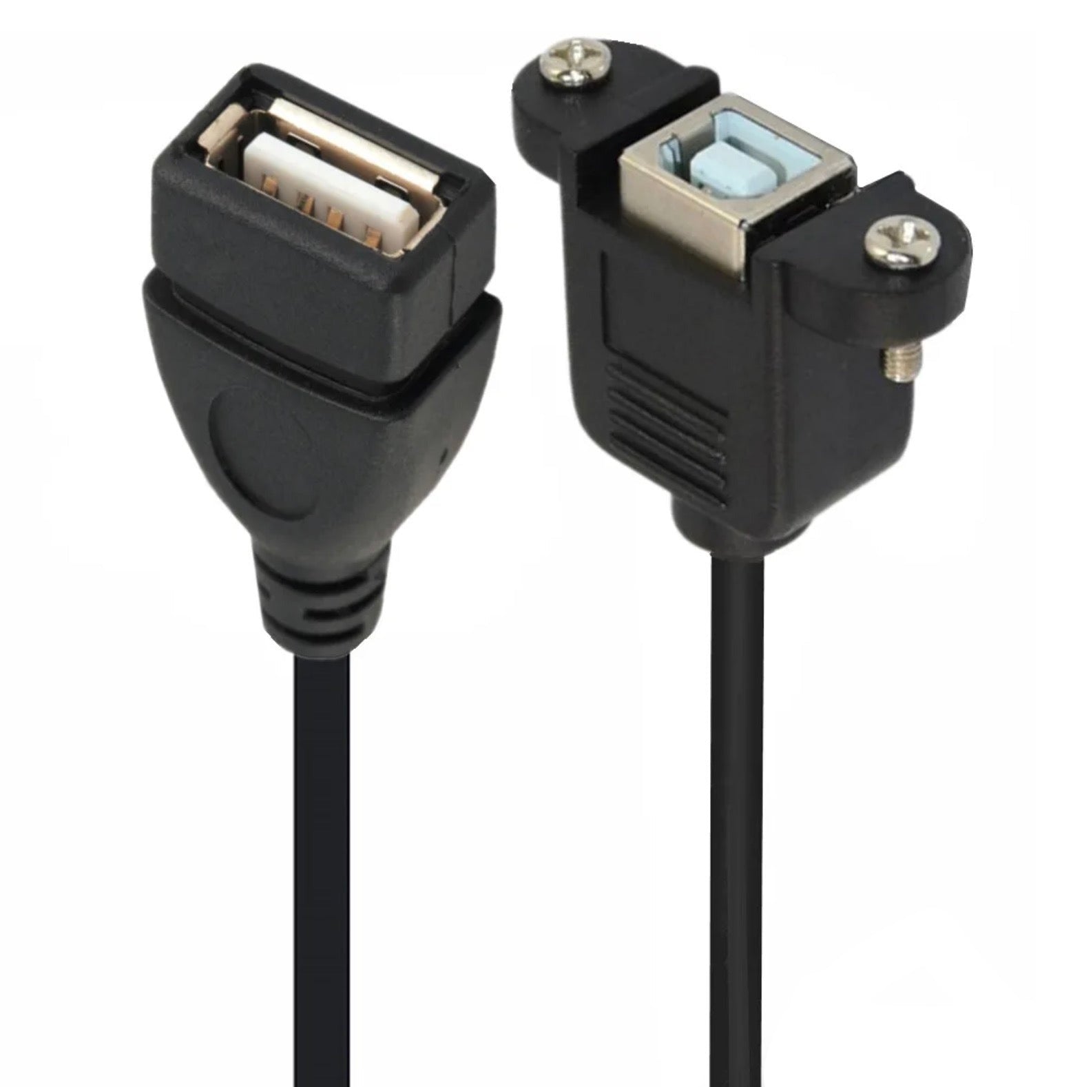USB 2.0 Type-B female panel mount to USB Type-A female extension cable with screw mounting brackets