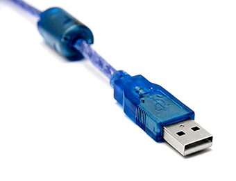 A close-up shot of a translucent blue USB-A to USB-A cable connector on a white background.