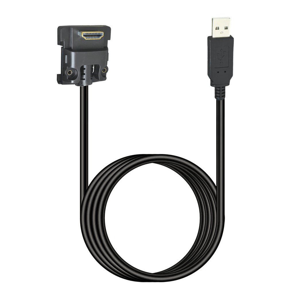 Black USB cable with HDMI connector on a white background