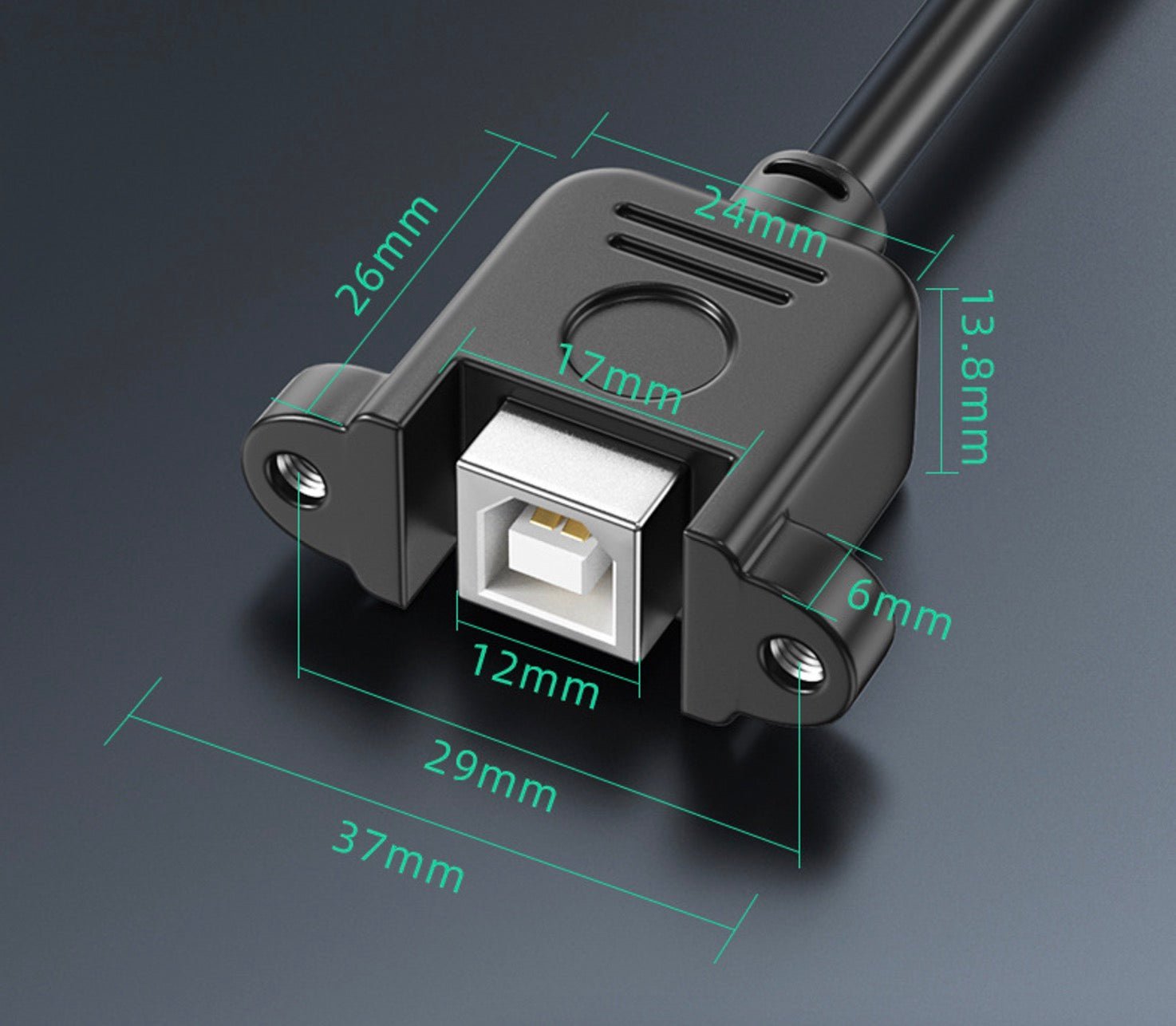 USB 2.0 Type-B extension cable panel mount with down-angle connector dimensions and specifications.