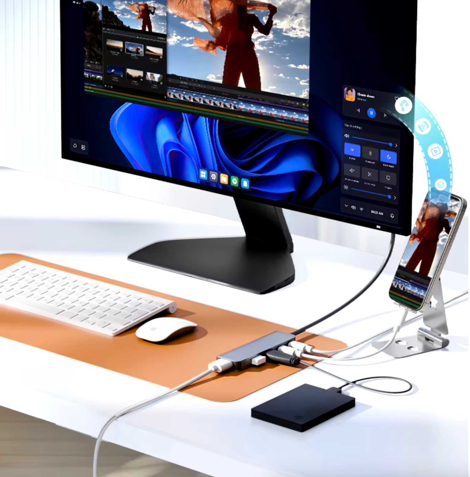 Portable USB 3.0 hub connected to laptop workspace setup