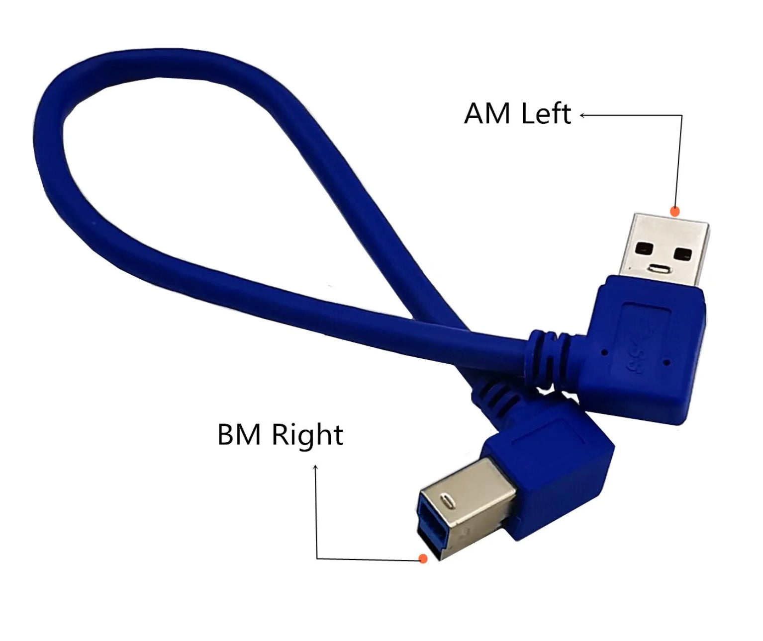 USB 3.0 printer cable showing left angle USB-A male and right angle USB-B male connector orientation