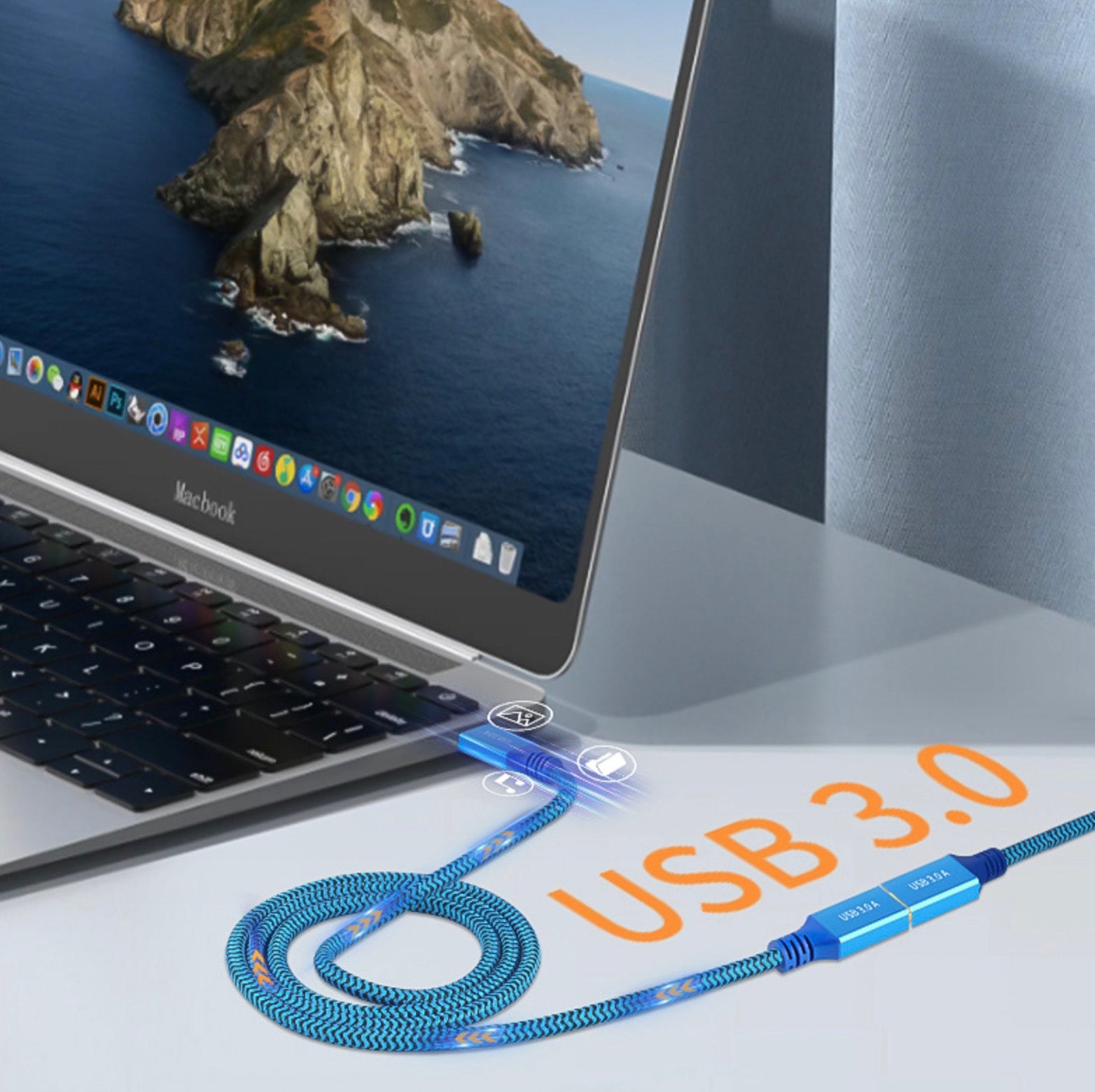 USB 3.0 Type A cable connecting a laptop to a USB hub for high speed data transfer