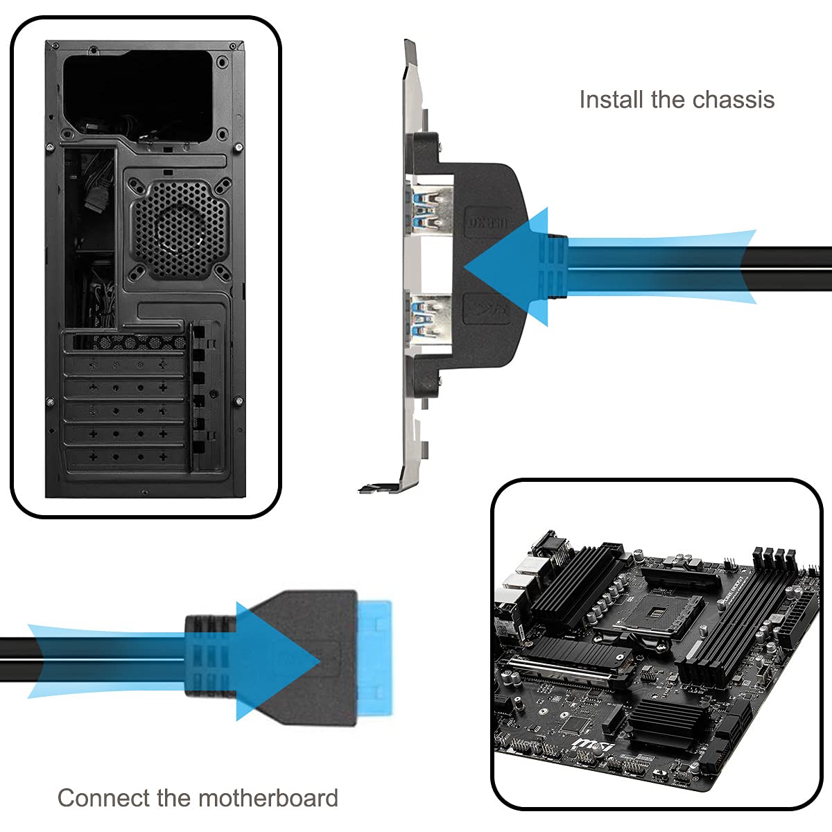 Step-by-step guide on installing a computer chassis and connecting a motherboard with blue arrows indicating connections.