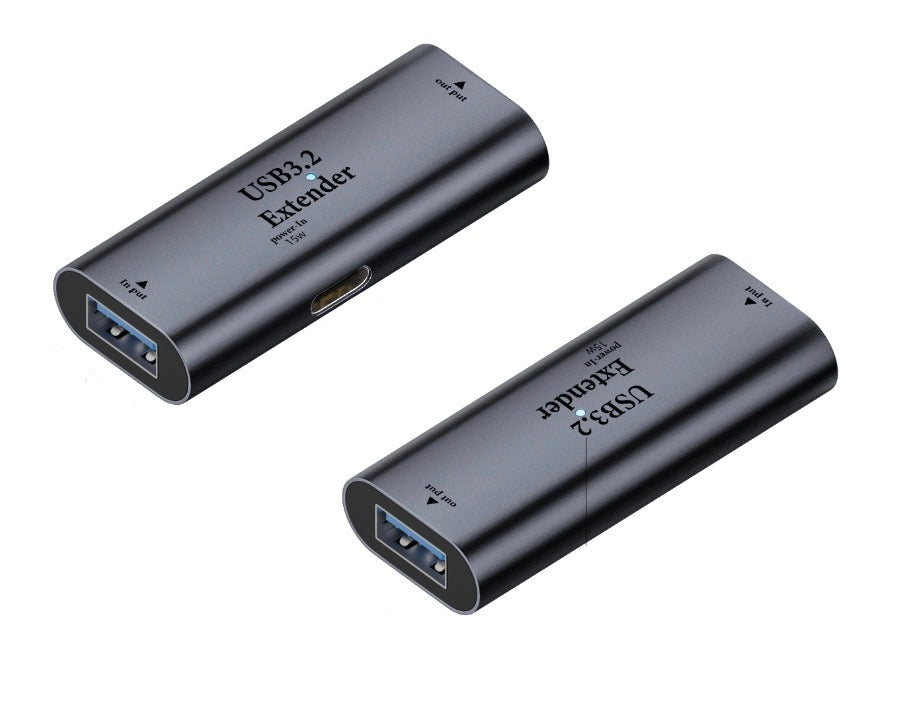 USB 3.0 female to female active repeater adapter showing aluminium housing