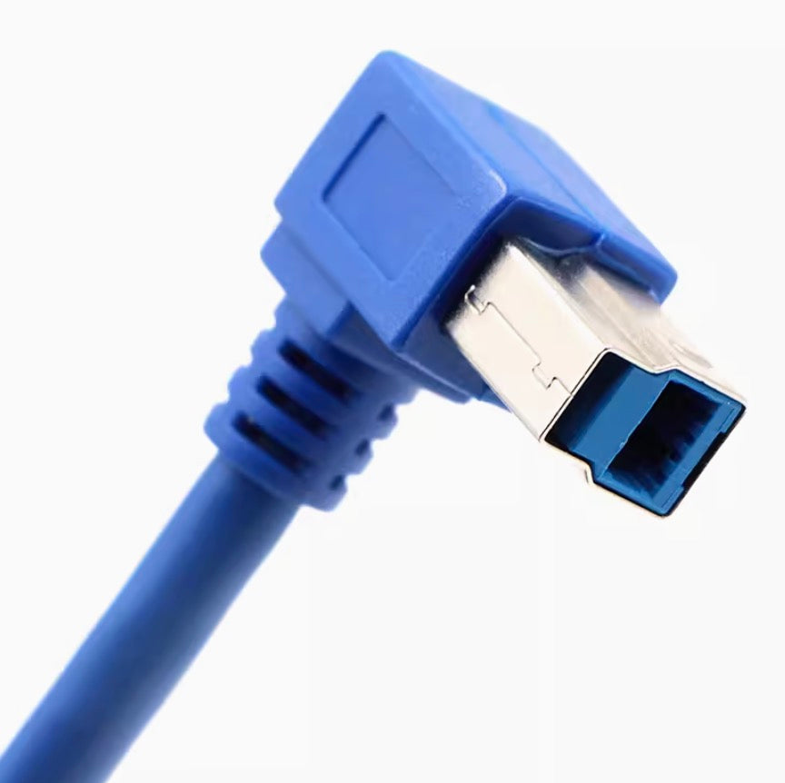 Close-up view of USB 3.0 Type-B left angle connector and blue cable construction