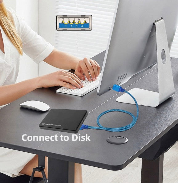 USB 3.0 Type-A to Micro USB 3.0 cable connected to an external hard drive for data transfer