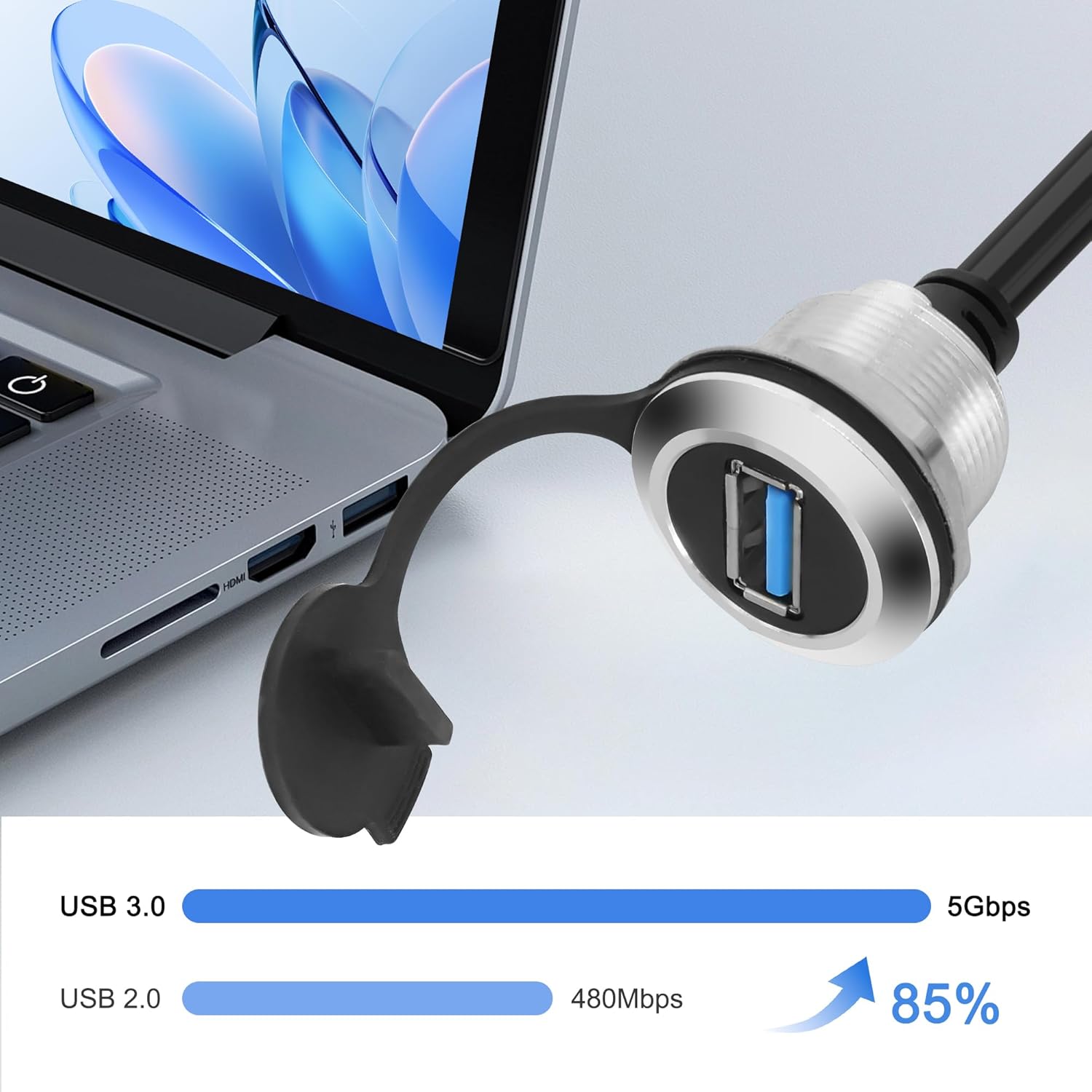USB 3.0 flush mount socket cable with protective cap