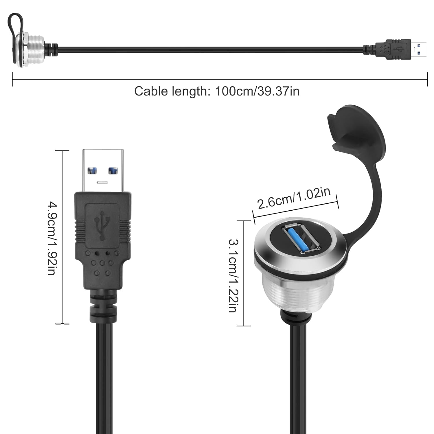 Black USB car power adapter cable with a 2 USB-A ports, shown with dimension measurements on a white background.