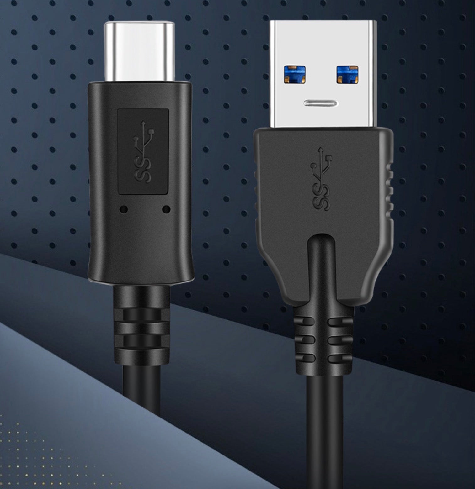 Close-up of USB 3.0 Type-A and USB-C 3.1 connectors on charging and data cable