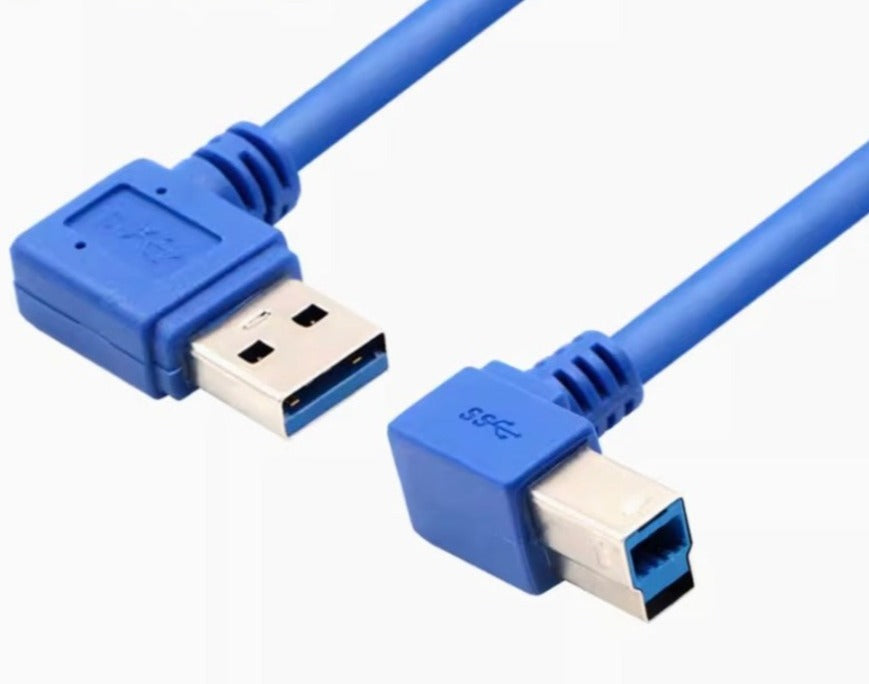USB 3.0 Type-A left angle male to USB 3.0 Type-B left angle male printer cable with blue cable jacket