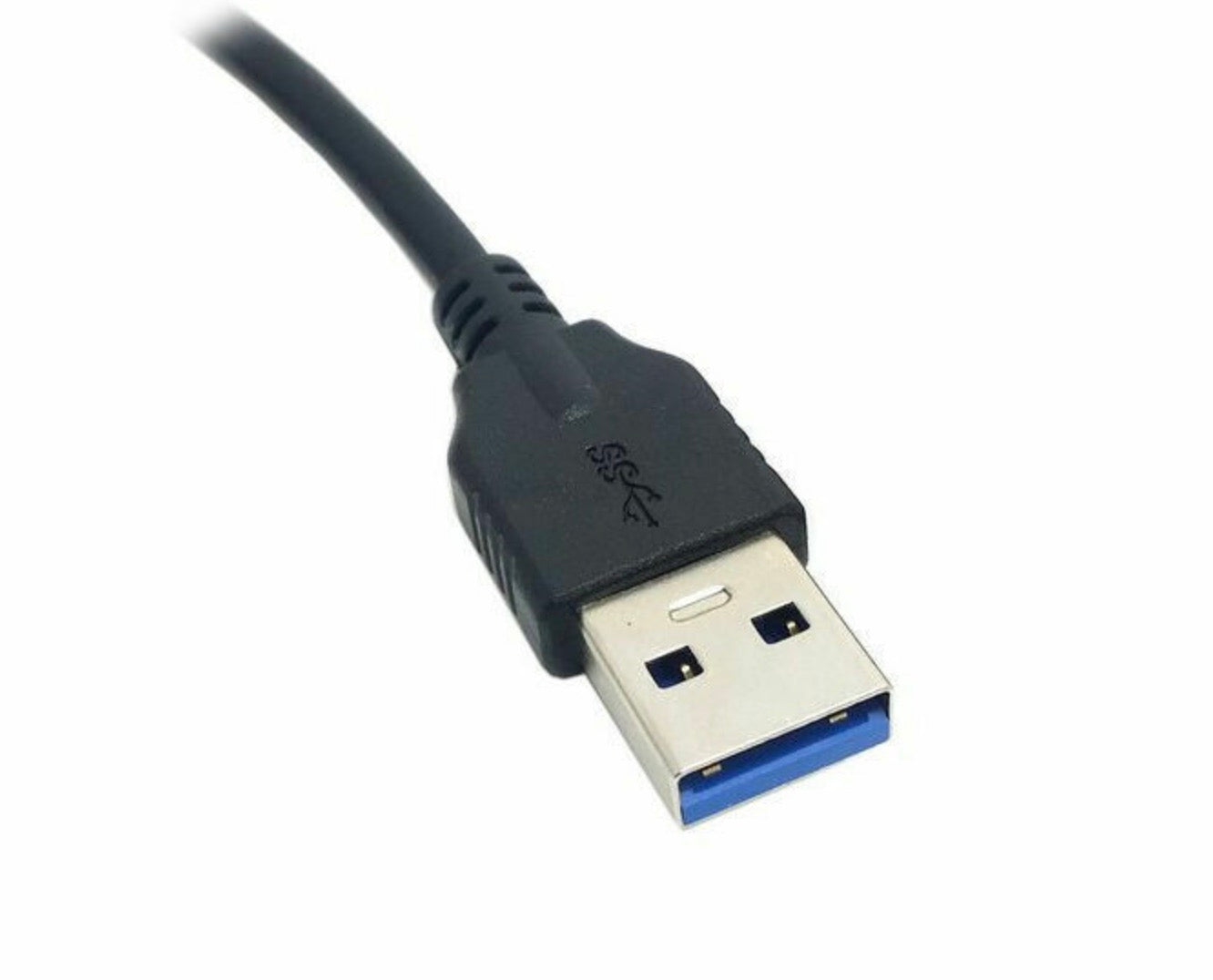 Angled view of USB 3.0 Type-A male to USB-C 3.1 male cable with durable black construction
