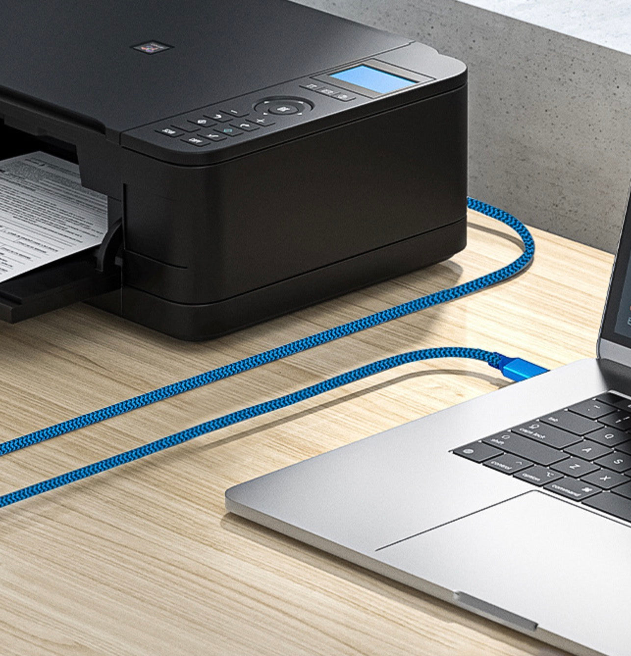 USB 3.0 Type-B cable connecting external peripheral equipment to a desktop computer