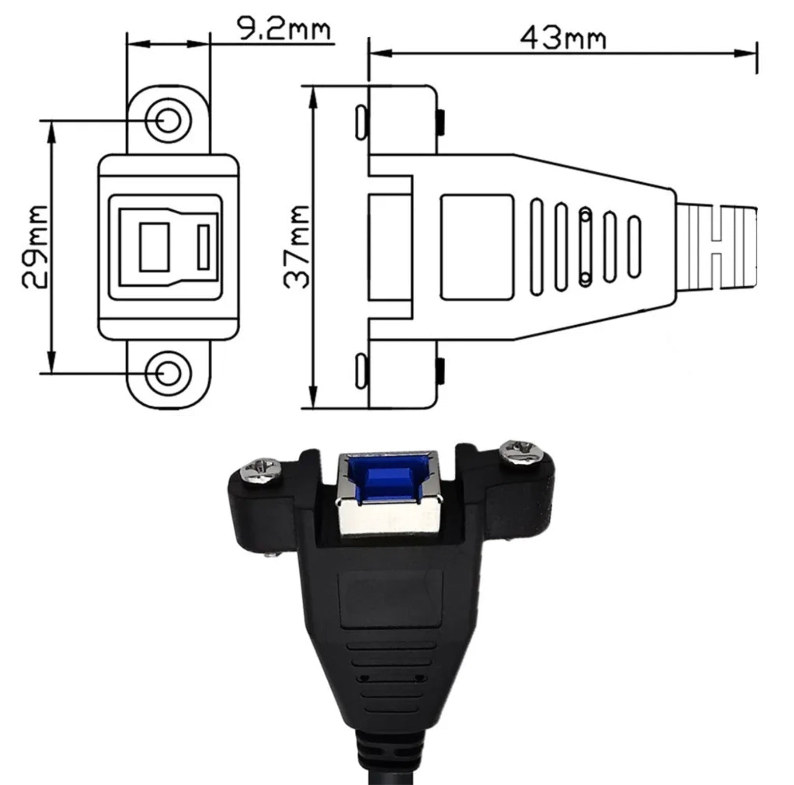 USB 3.0 Type-B female panel mount connector showing durable construction and mounting points