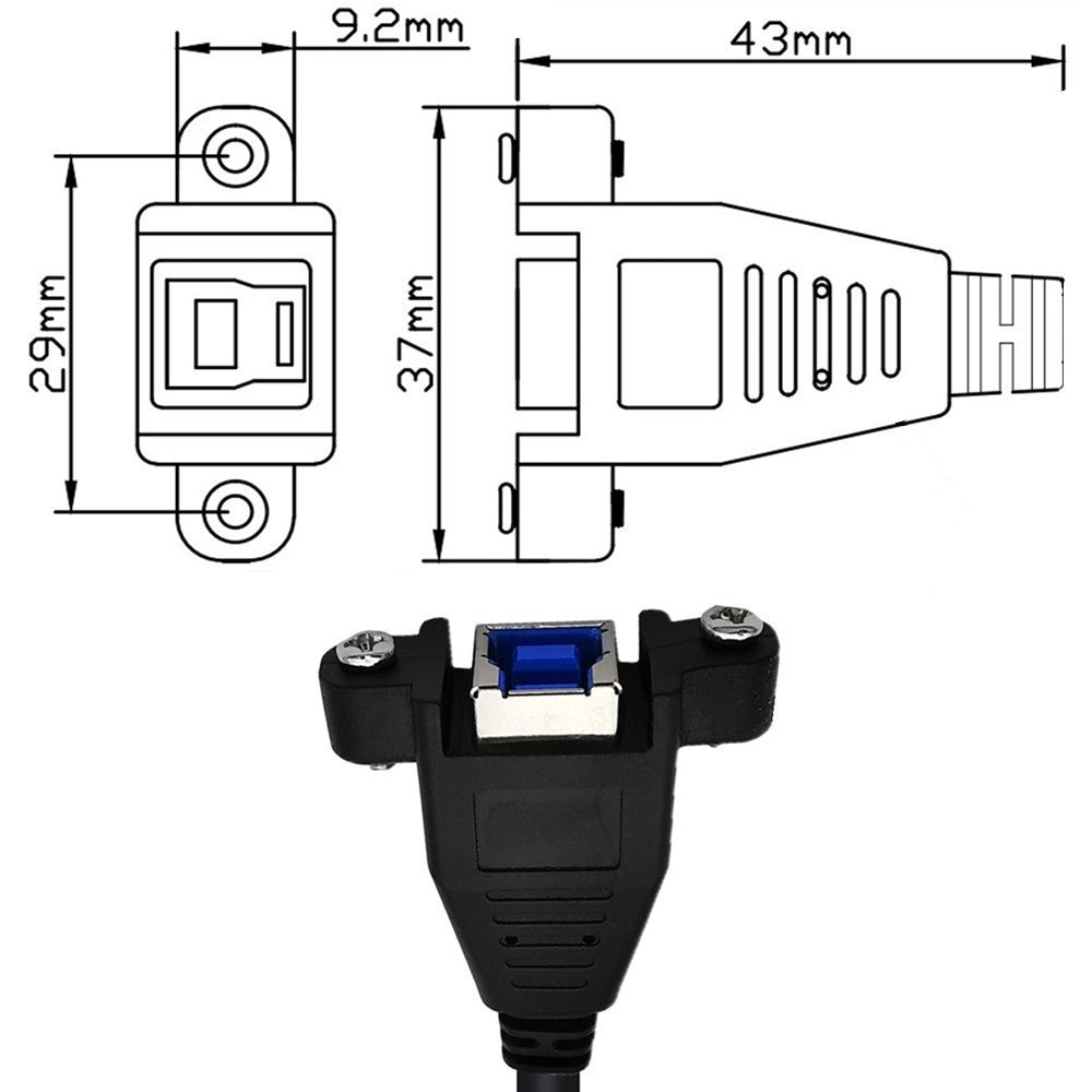 USB 3.0 Type-B female panel mount socket with two mounting screws