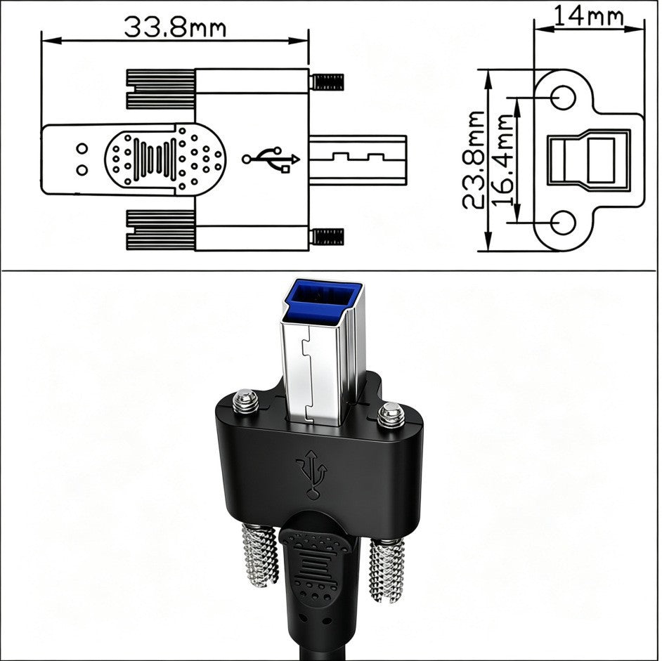 Technical dimension diagram and product photo of a USB-C to VGA adapter cable. The top half shows line drawings with measurements (33.