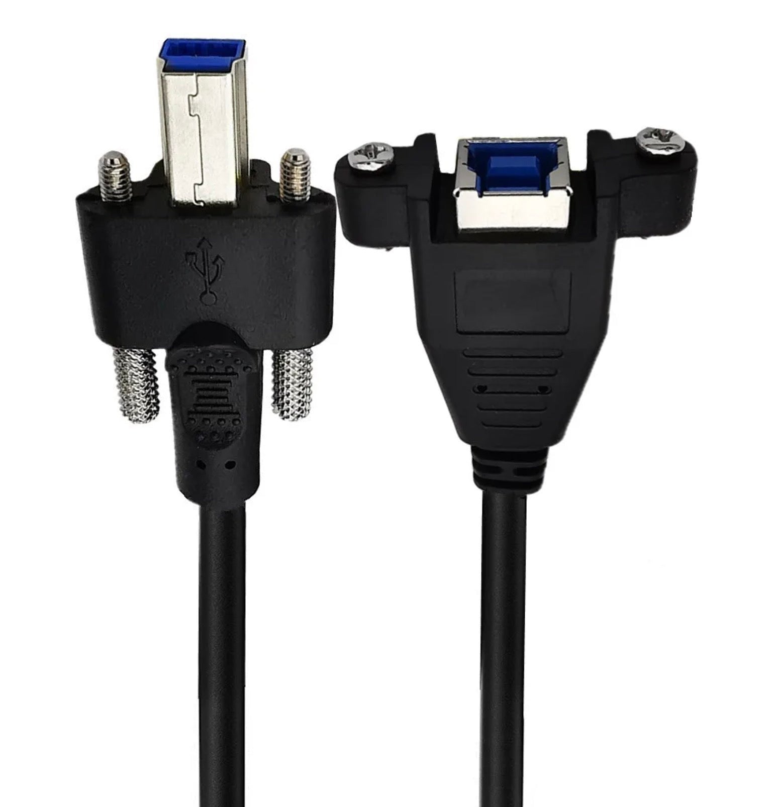 USB 3.0 Type-B male to Type-B female panel mount extension cable with mounting flanges and screw holes