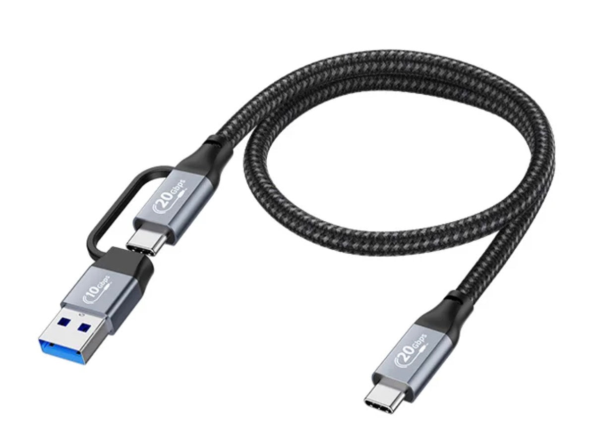 A black USB 3.0 to USB C 2-in-1 data charging cable with a USB-C male connector on one end and a USB-A 3.