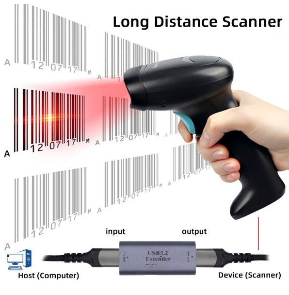 USB 3.2 active repeater adapter supporting long-distance barcode scanner connections