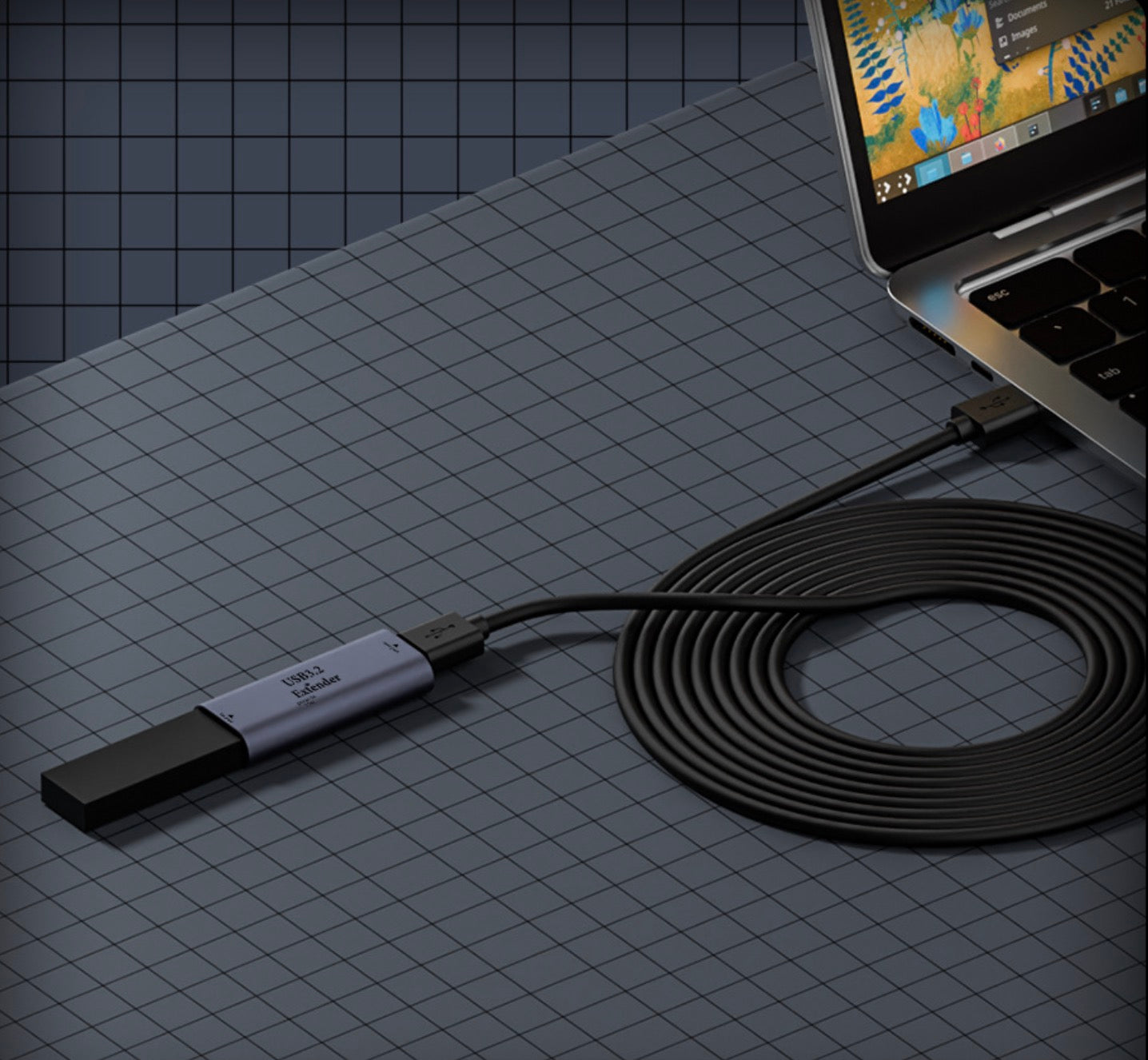 USB 3.2 active repeater adapter connected in desktop workstation setup for USB extension