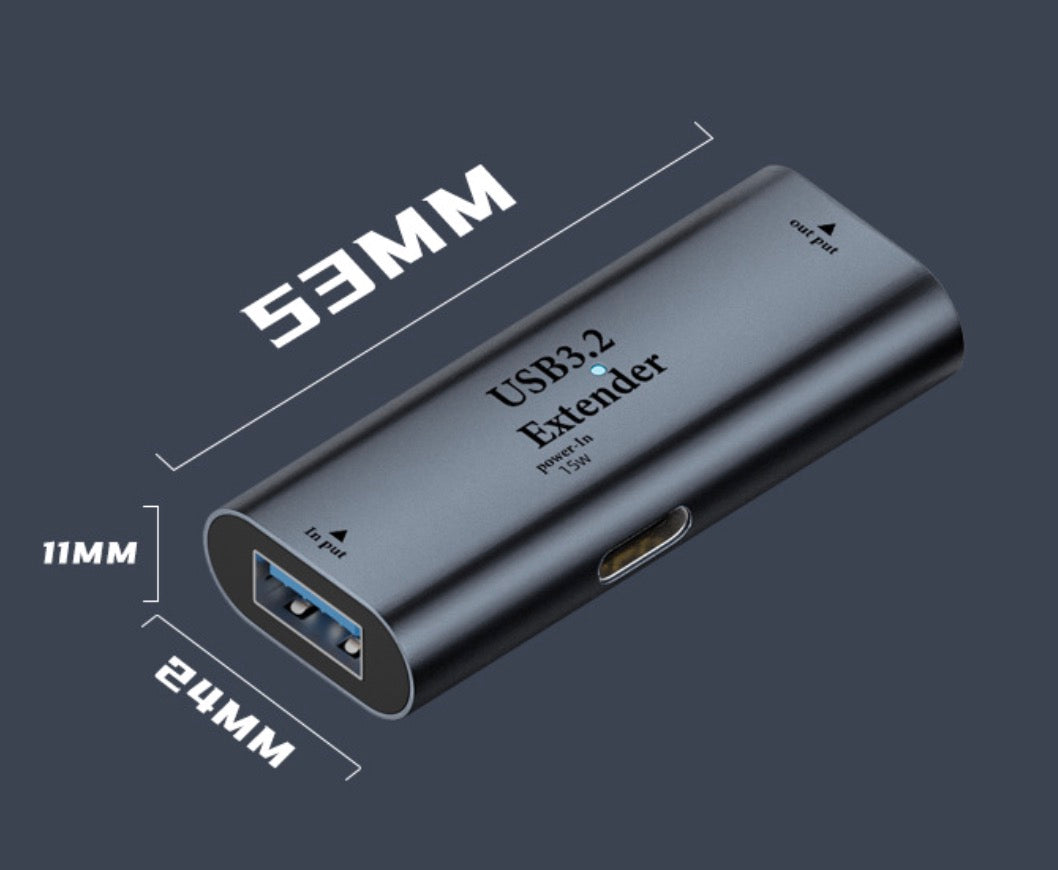 USB 3.2 active repeater adapter showing connector layout and dimensions