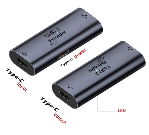 USB 3.2 active repeater adapter showing connector orientation and dimensions