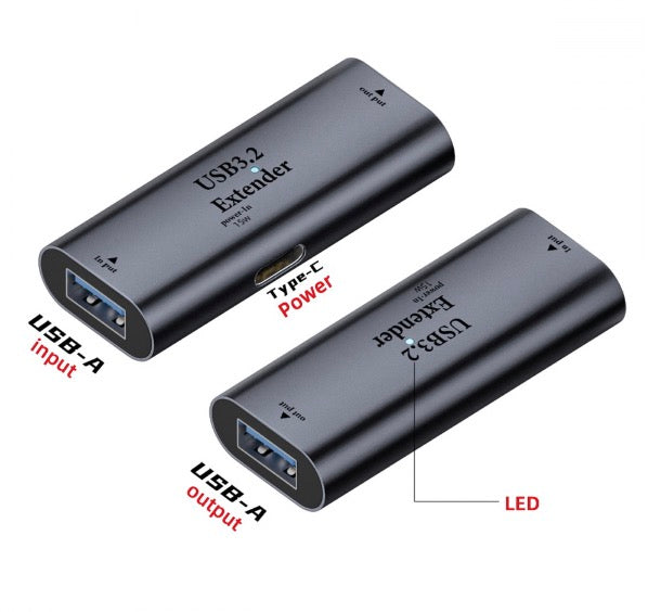 USB 3.2 active repeater adapter showing connector orientation and installation guidance