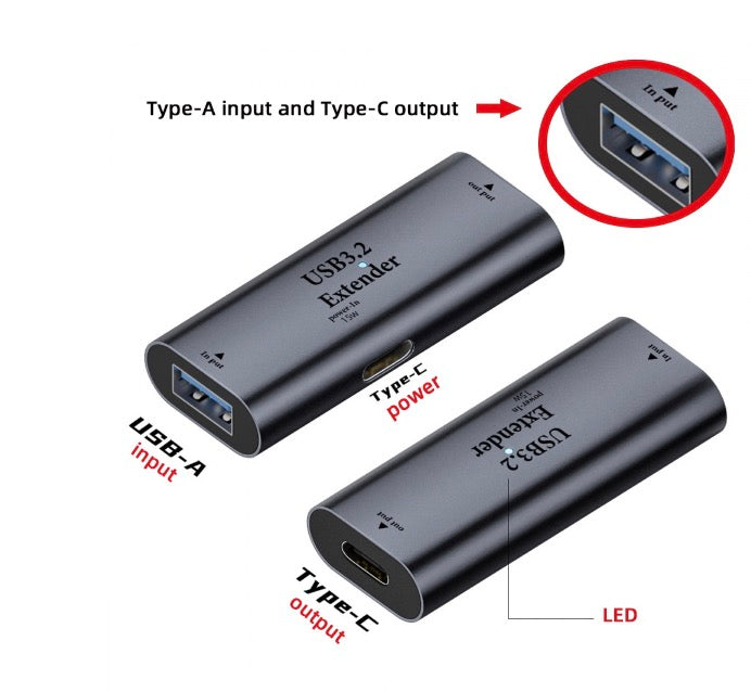 USB 3.2 active repeater adapter showing input and output directional port configuration