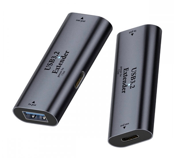USB 3.2 active repeater adapter USB-A 3.0 female to dual USB-C female extender in grey aluminium housing