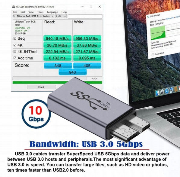 USB 3.0 female adapter connected to laptop and USB device