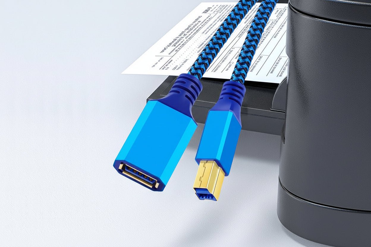 Blue and yellow cable with a scanner on a white background