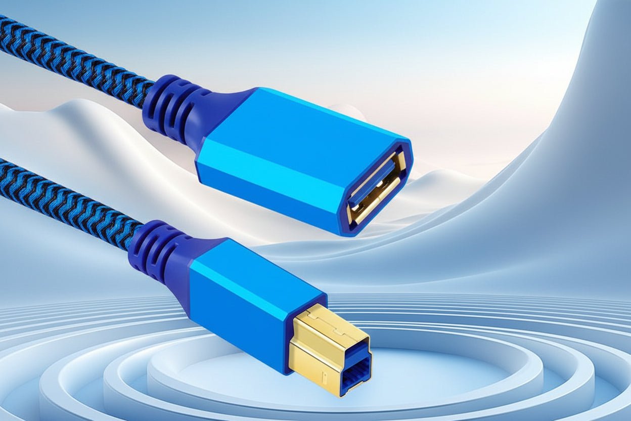 Blue USB 3.0 cable with gold connectors on a light blue background