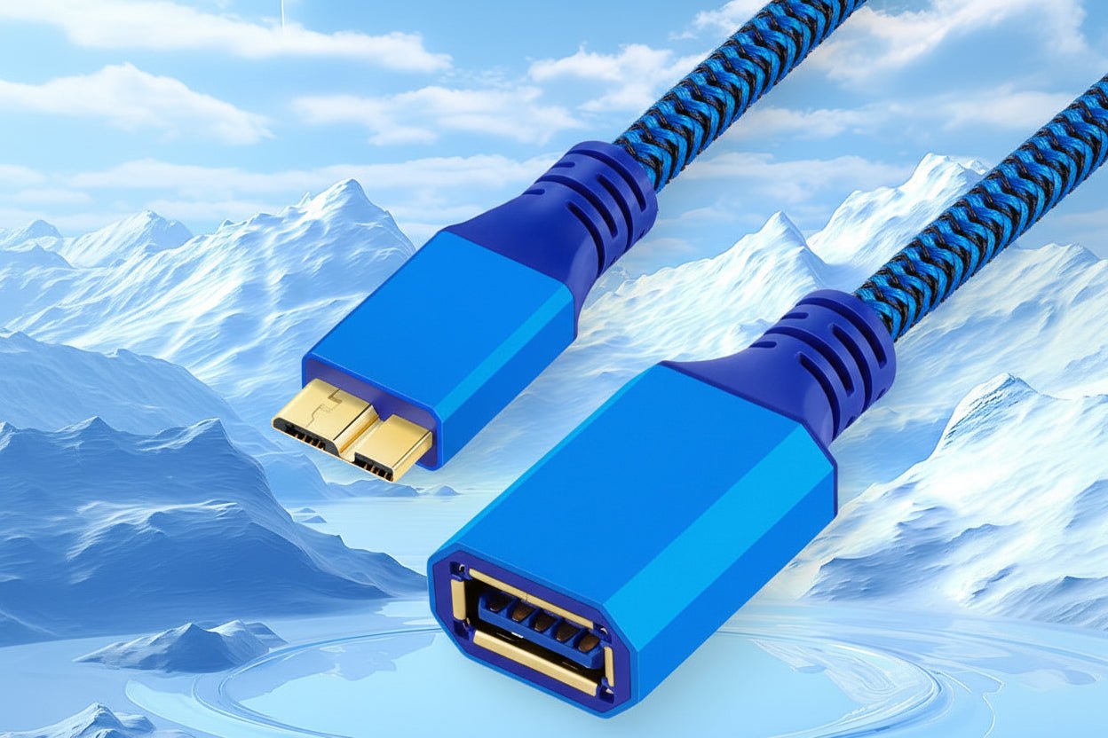 Blue USB 3.0 cable with connectors on a mountainous background