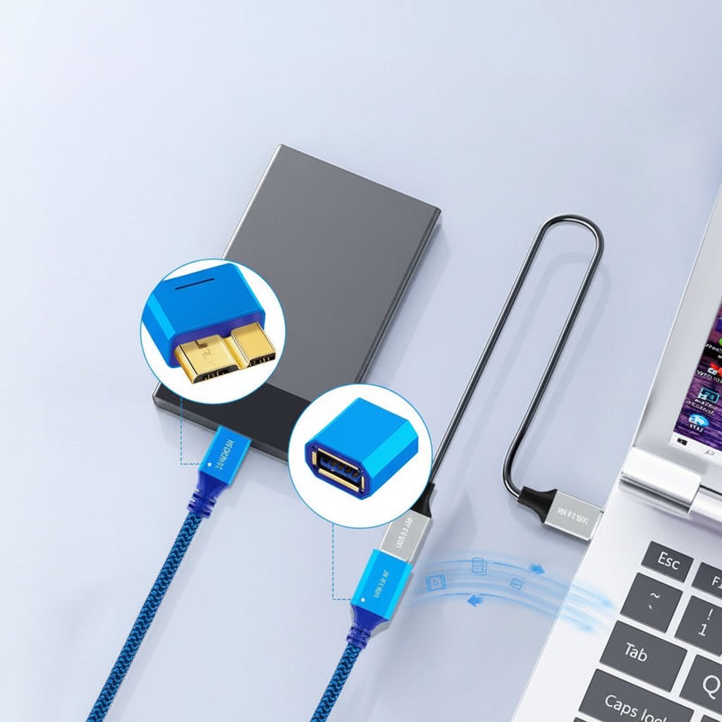 USB 3.0 cable with connectors on a light gray background