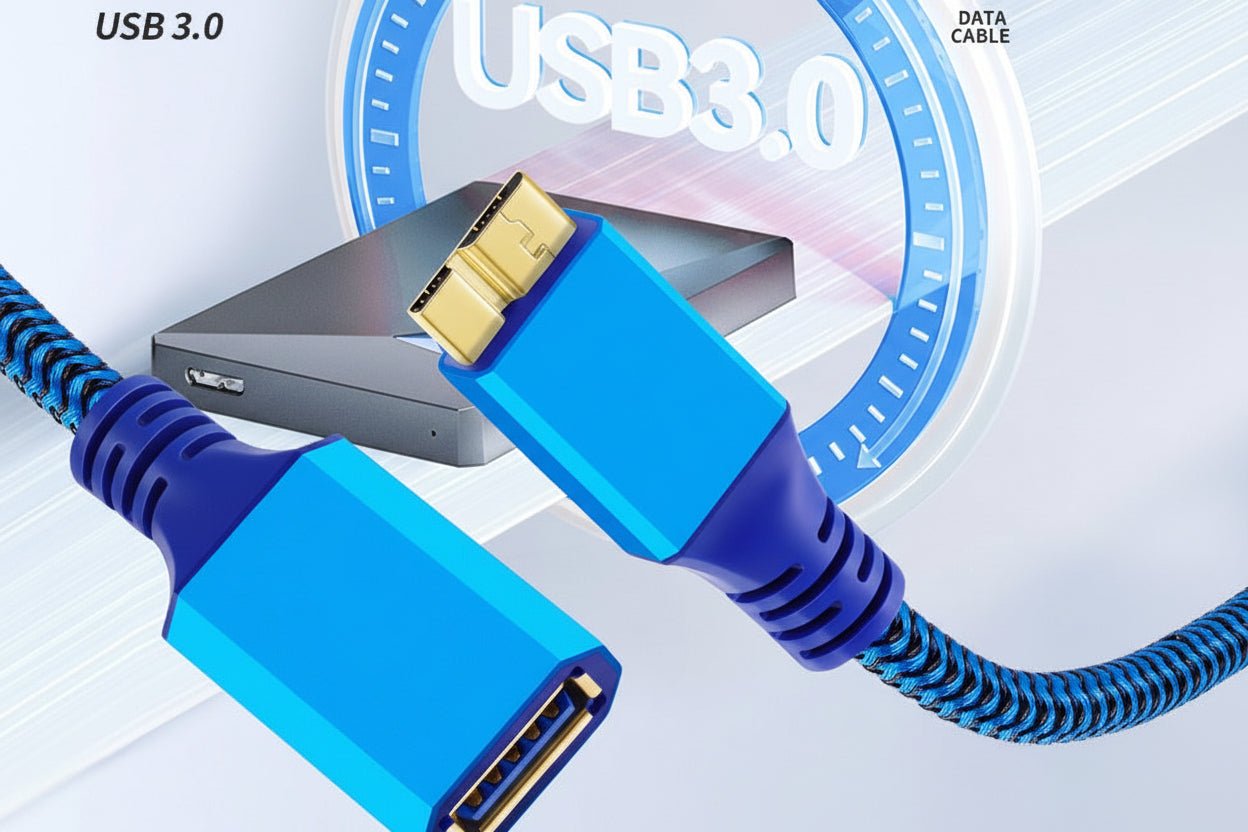 Blue USB 3.0 cable with connectors on a white background