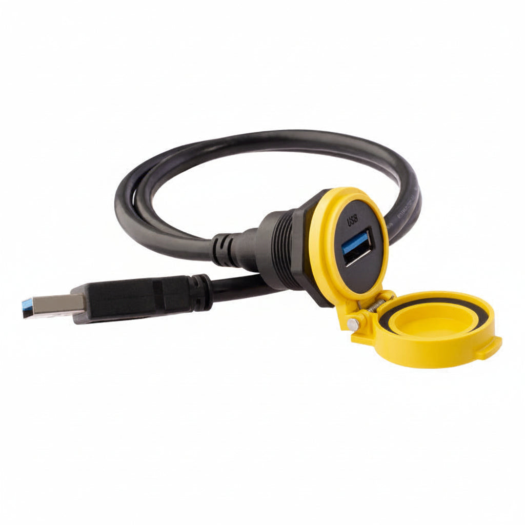 Yellow USB extension cable with two ports on a white background