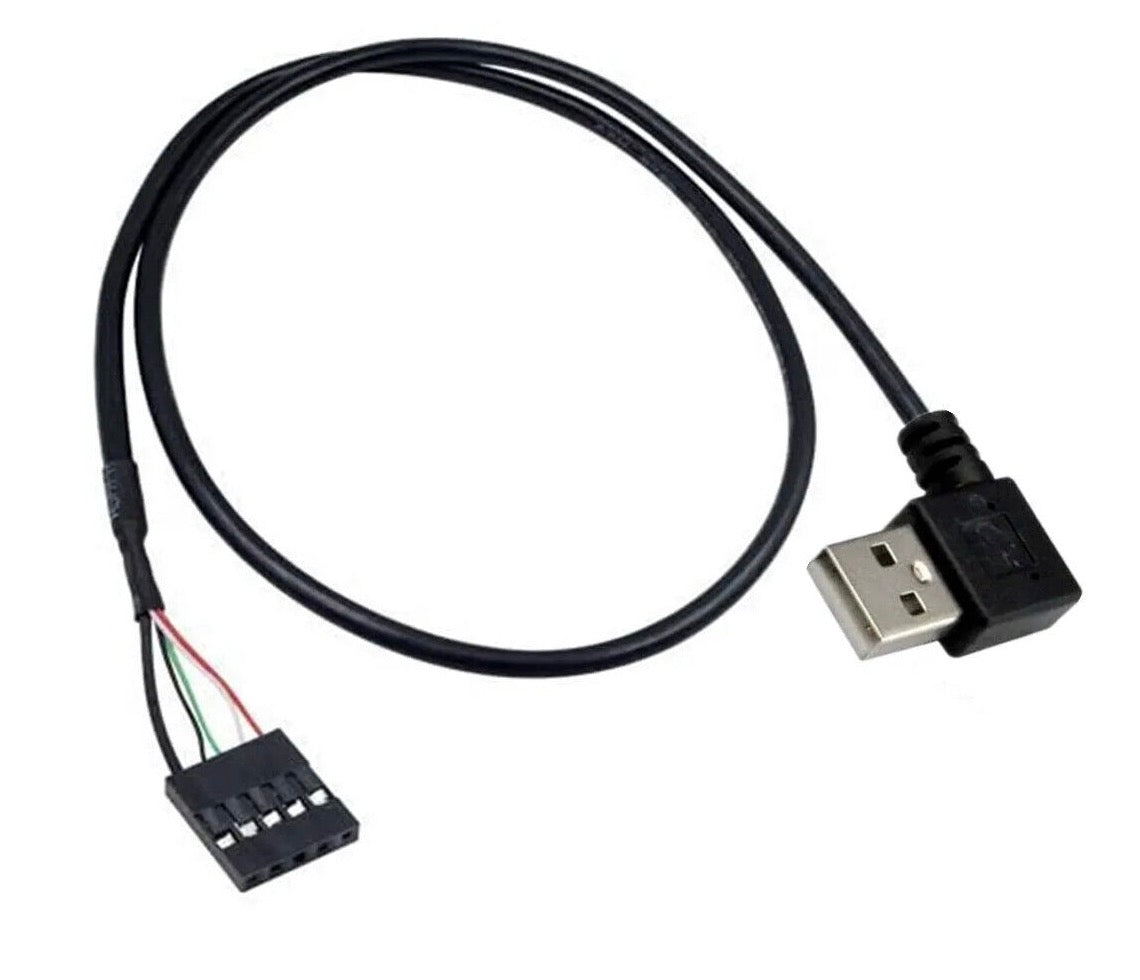 USB Type-A right angle male to 5 pin female motherboard header cable showing complete cable assembly