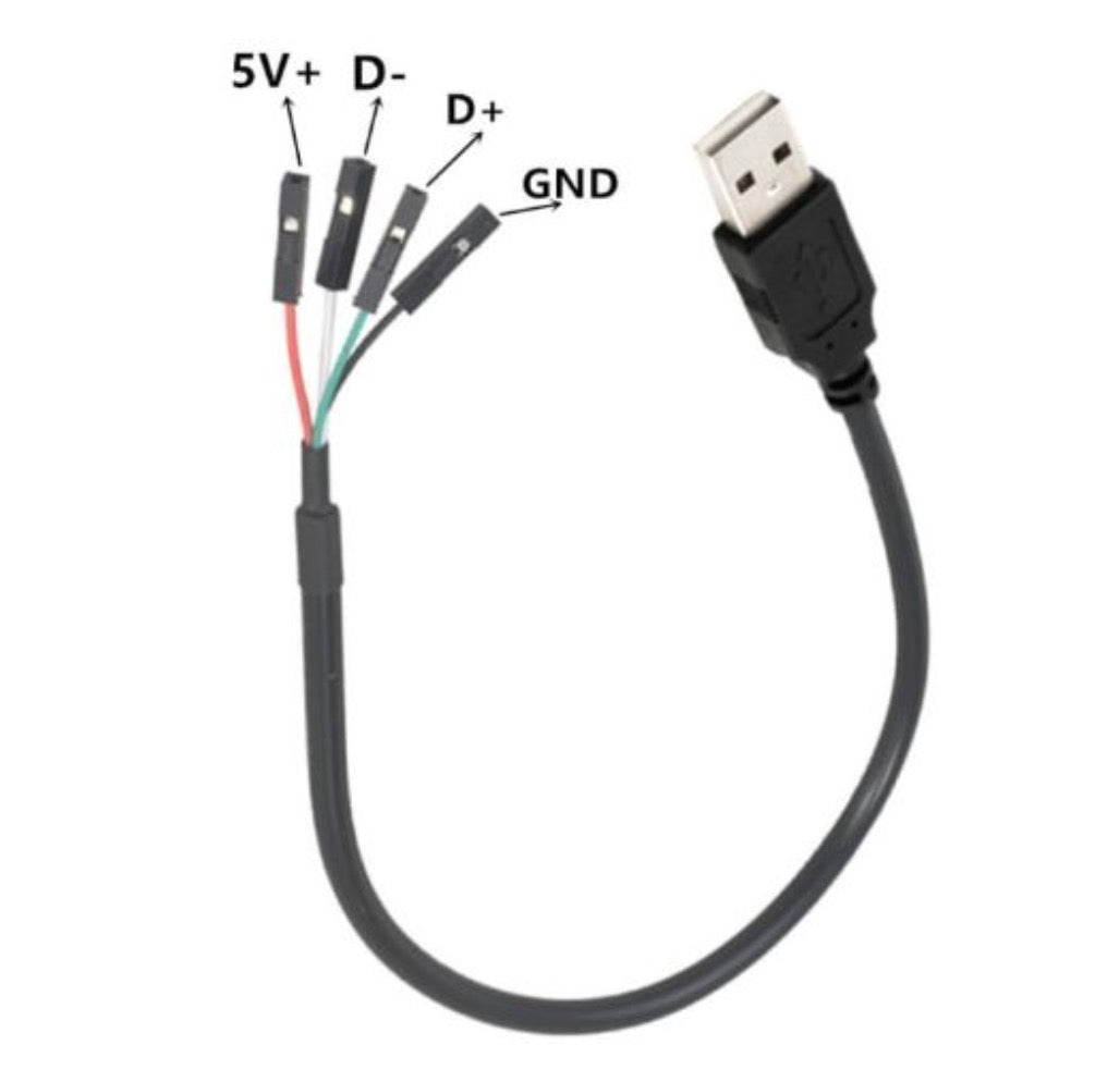 USB Type-A to 4 x 1 pin Dupont female cable showing power ground and data wire identification