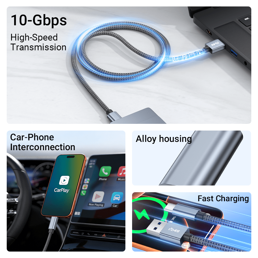 USB 3.0 A to C fast charging cable with braided nylon jacket grey