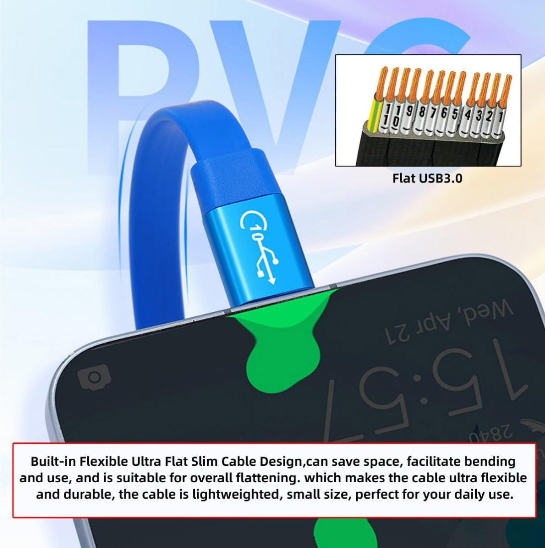 USB-A to USB-C fast charge flat cable blue
