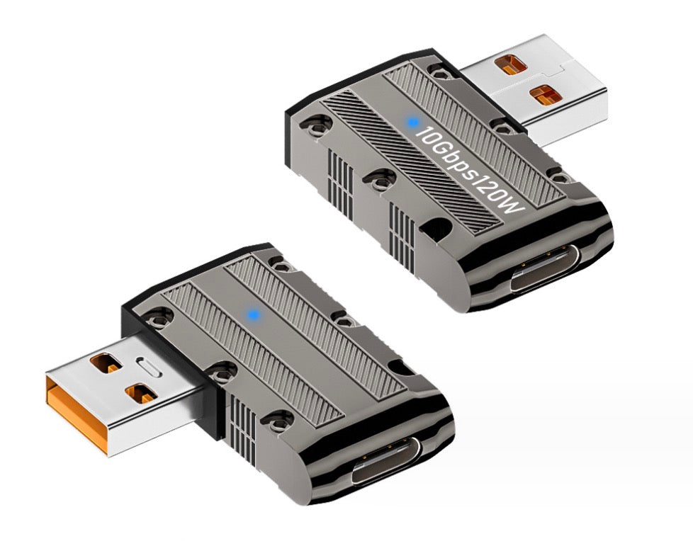 USB 3.0 A male to USB C female left angle adapter supporting 120W charging and 10Gbps transfer speeds
