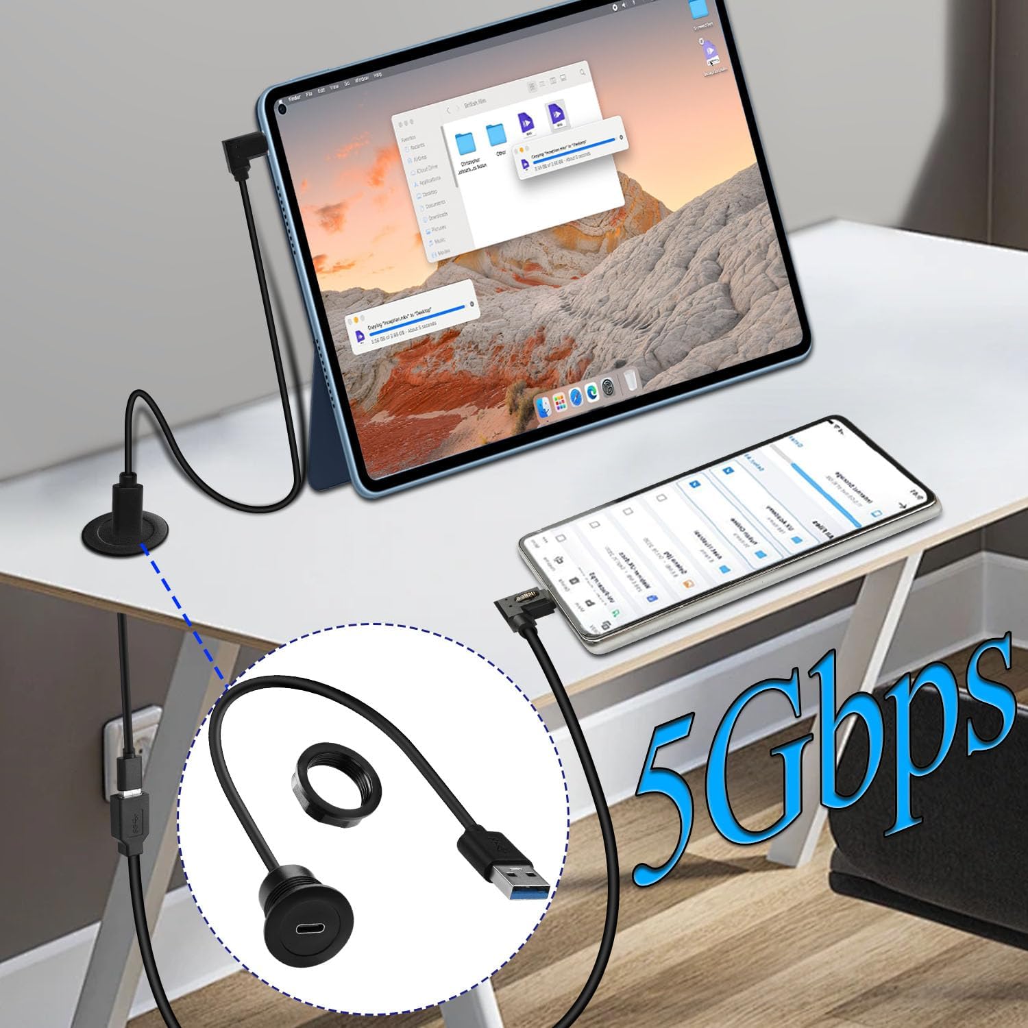 USB A to USB C panel mount cable round 