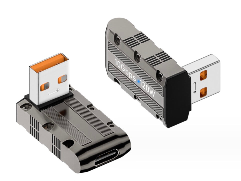 USB 3.0 A male to USB C female up angle adapter supporting 120W charging and 10Gbps transfer speeds
