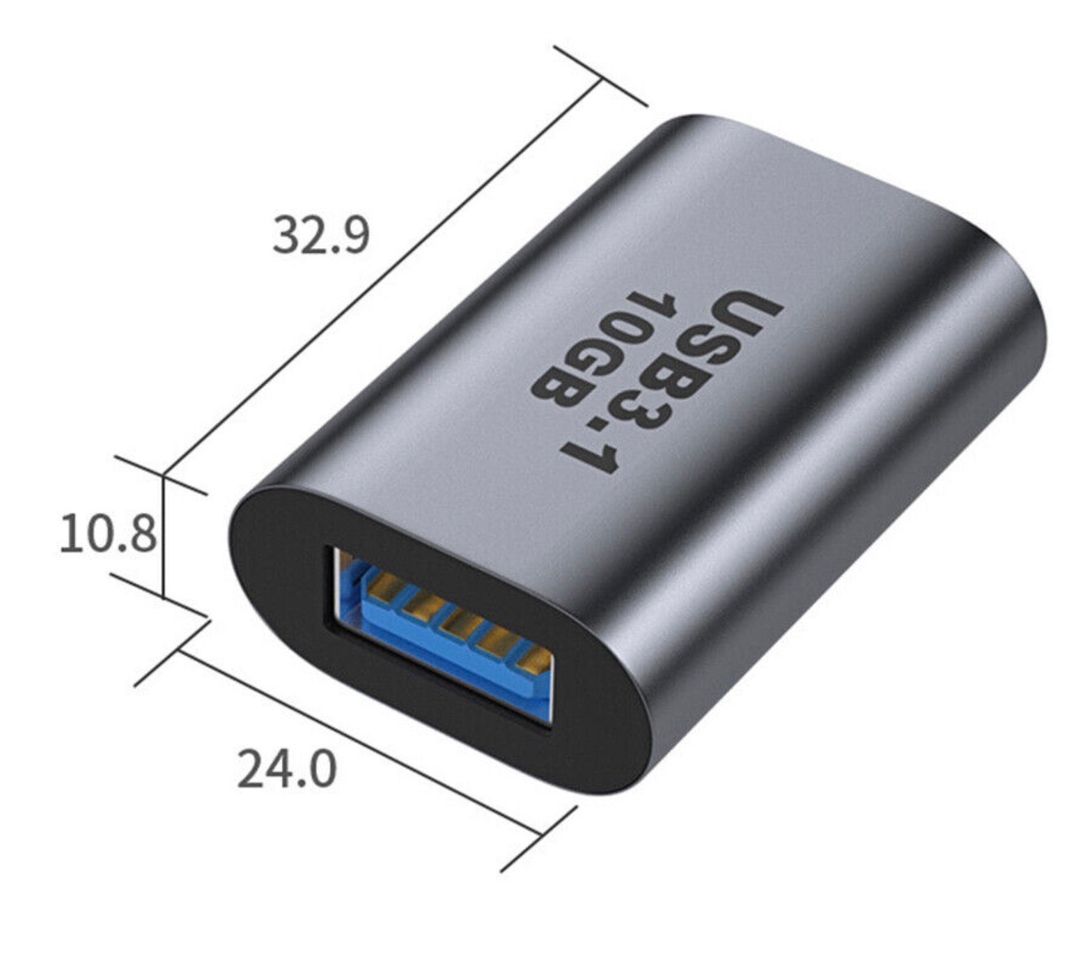 USB adapter showing dimensions and 10Gbps performance specifications