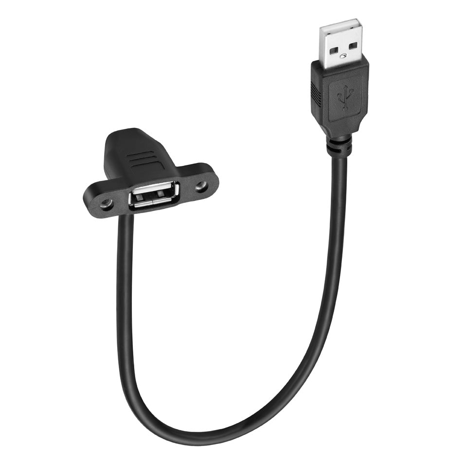 Close-up of the up-angled USB Type-A female panel mount connector