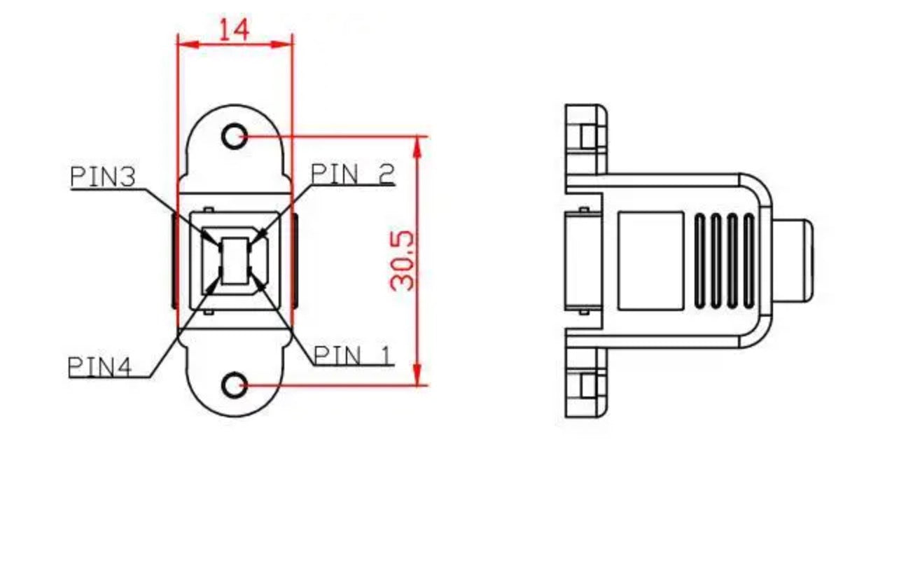 USB Type-B female panel mount connector technical dimensions and mounting specification diagram