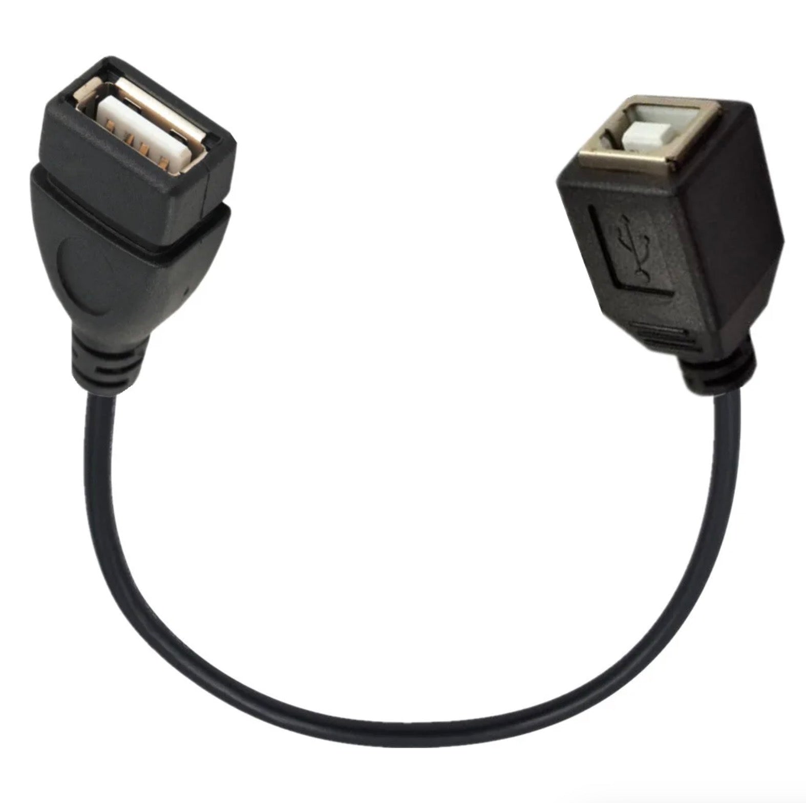 USB Type-B female panel mount to USB Type-A female extension cable showing complete cable assembly