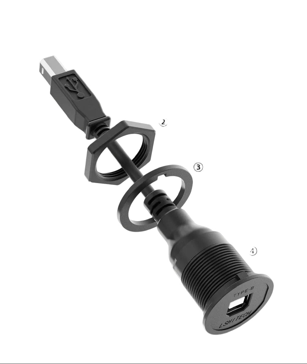 Black electronic device with multiple ports on a light gray background